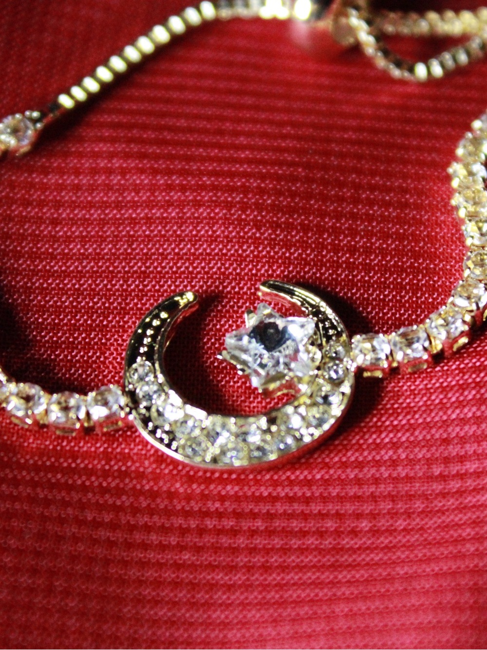Vintage Gold Crescent Moon & Star Necklace with Clear Crystals